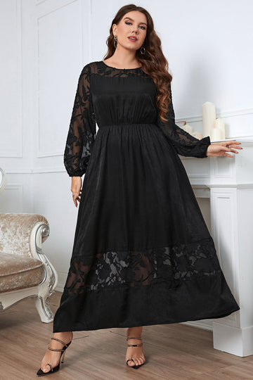 Negro Talla Grande Mangas Largas Cuello Redondo Vestido de Verano